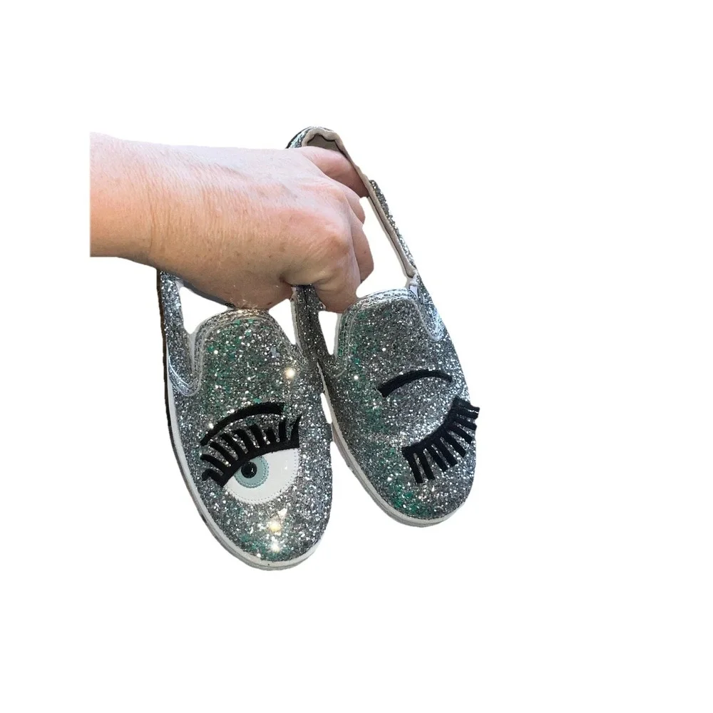 #81 Chiara Ferragni Sz 36 Flirting Loafer Silver Glitter Leather Wink Eye Shoes